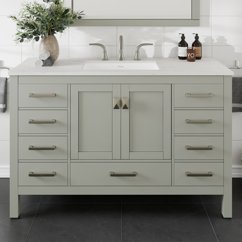Aberdeen 54" Gray Solid Wood Bathroom Vanity with White Quartz Top