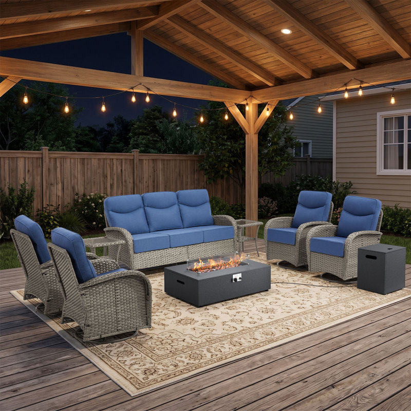 Ensemble de conversation pour foyer extérieur en osier 8 pièces avec canapé et chaises pivotantes 8 pièces, Bleu, Gris