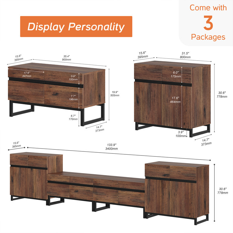 Aadam Modern TV Stand For Tvs Up To 110 Inch, 4 In 1 Wood Entertainment Center TV Console Table With Adjustable Shelves And Metal Base For Living Room,Bedroom, Brown.