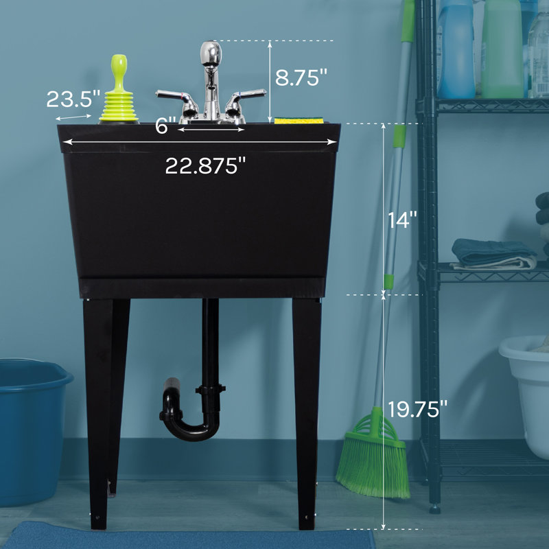 Évier à lessive autoportant avec robinet L 23,5 po x l 22,87 po, Black, Chrome