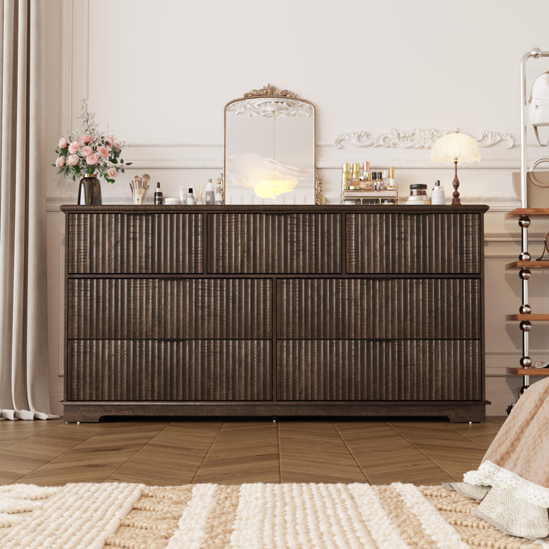 Modern Farmhouse 7 Drawer Dresser With Charging Station, 55" Wide Fluted Dresser Wooden Storage Cabinet For Bedroom, Living Room & Entryway