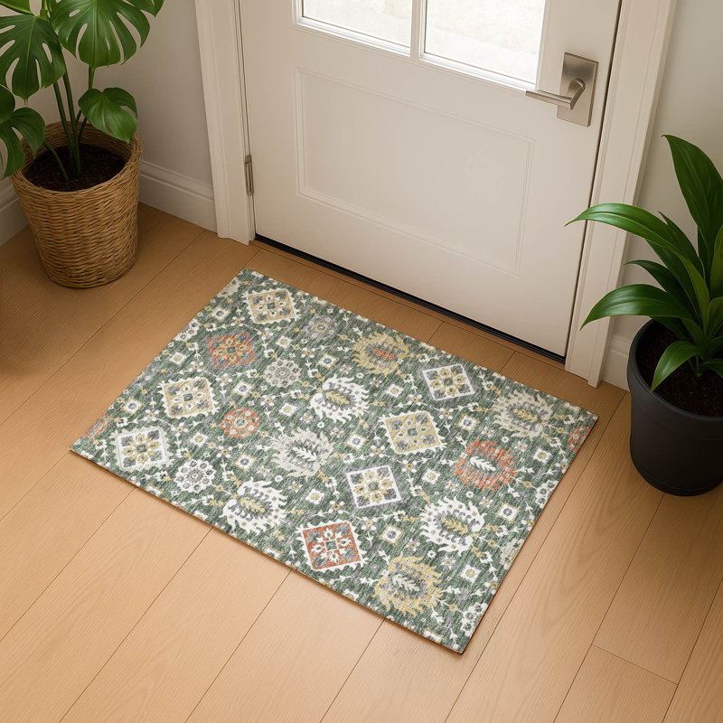 Premium Machine Washable Mayfield AMF2200 bohemian Rug, 1'8" x 2'6", Green
