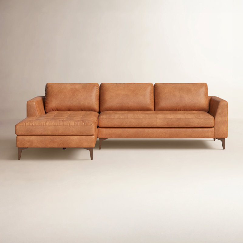  Full-Grain Genuine Italian Leather Sectional Sofa, Cognac Tan Genuine Leather, Black, Left Hand Facing