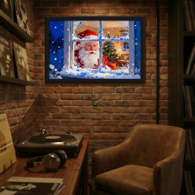 Christmas Santa Claus Looking Through Window Snowy Night Christmas Tree Inside