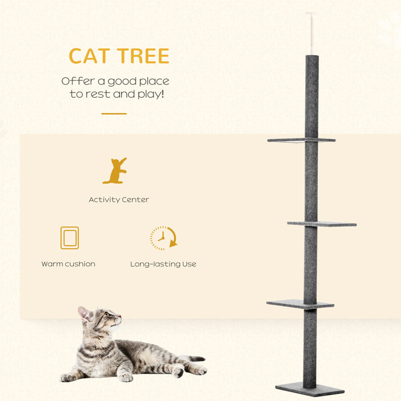 Tour pour chat de 8,5 pi de hauteur, plancher-plafond réglable avec des textures douces et plusieurs plateformes de saut pour chatons, arbre gris foncé, jeu de tringle à chat sécurisé