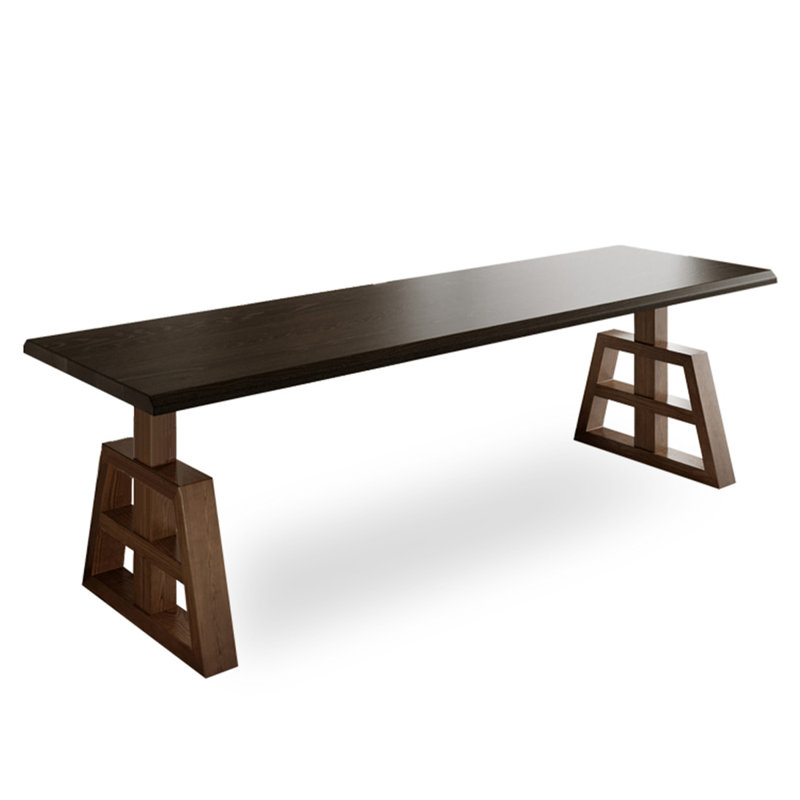 Minimalist Long Table with Geometric Wood Base, 29.5" H x 86.6" W x 23.6" D