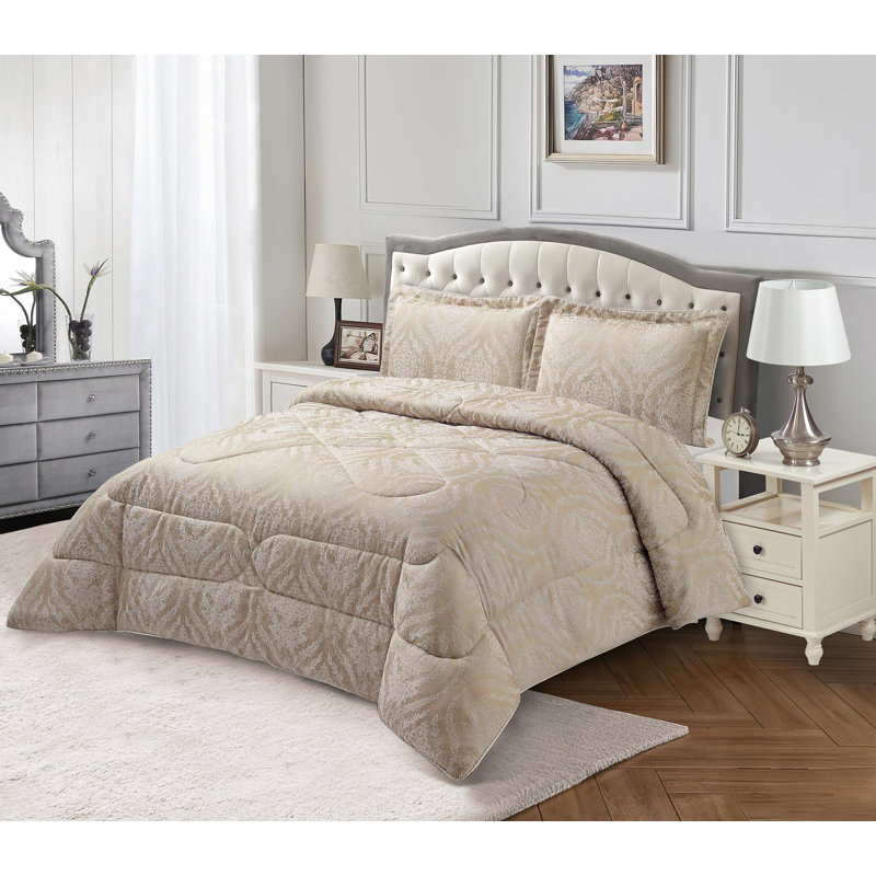 Bridal Jacquard Bedspread With Pillow Sham  Floral Printed Coverlet, Decorative Luxury All-Season Bedding, Beige