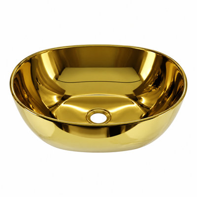 Lavabo-vasque ovale en acier inoxydable de 40 cm (15,75 po), doré, à poser sur le comptoir, avec bonde de 4,4 cm (1,75 po) aux normes américaines.
