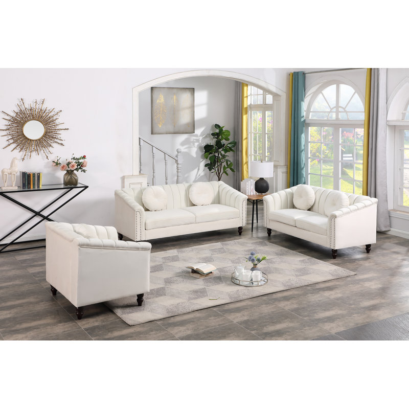 Ensemble de salon 3 pièces Kja, Microfibre blanc cassé