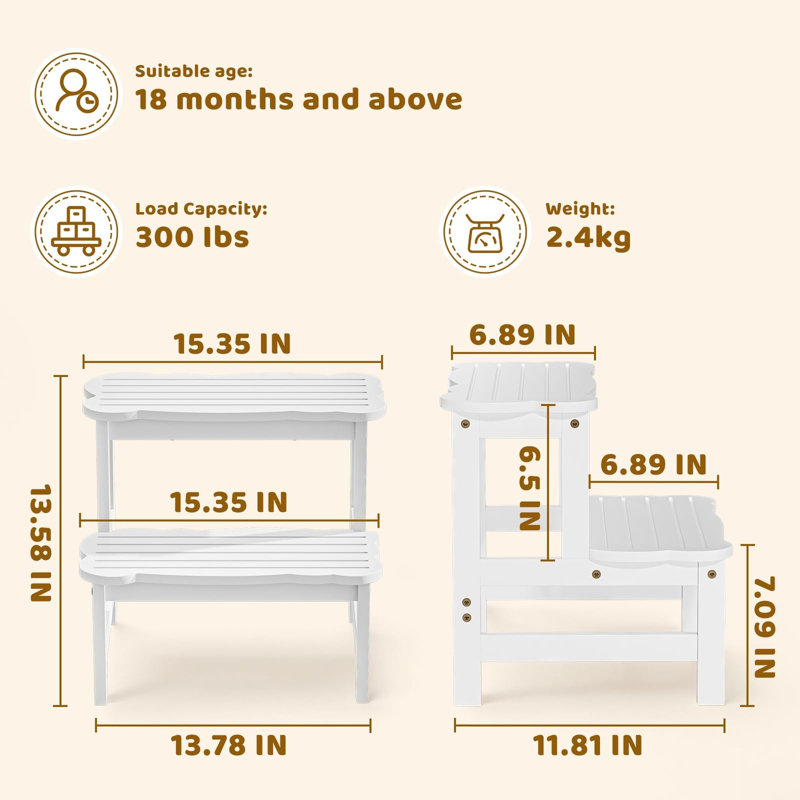 Wodden Two Step Stools 300 lbs Capacity with Safety Non-Slip Pads, White