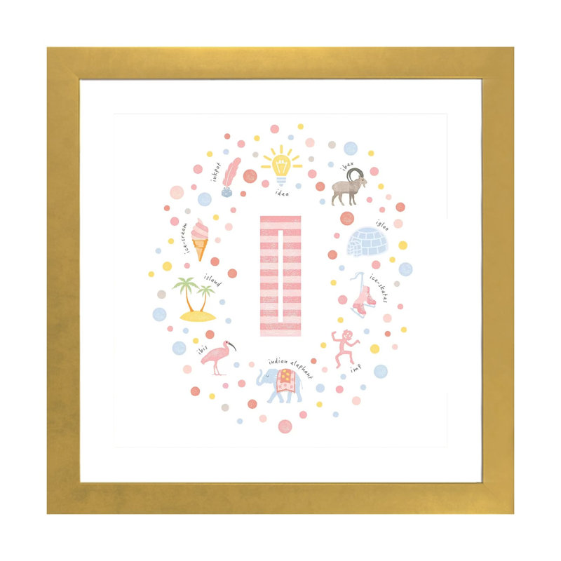 Lettre illustrée I rose - impression, Papier encadré doré, Blanc, H 24 po x l 24 po x p 1 po
