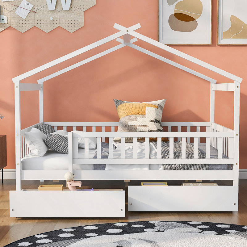 Wooden House Bed with Two Drawers