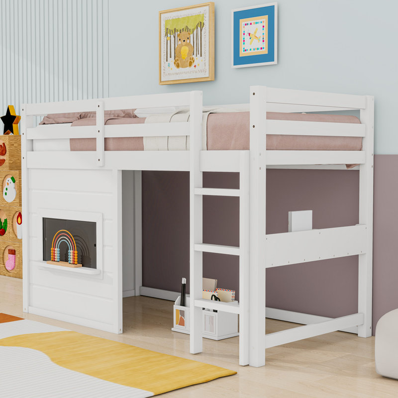 Charmant lit mezzanine en bois avec tableau noir, tablette et échelle, Lit simple, Blanc