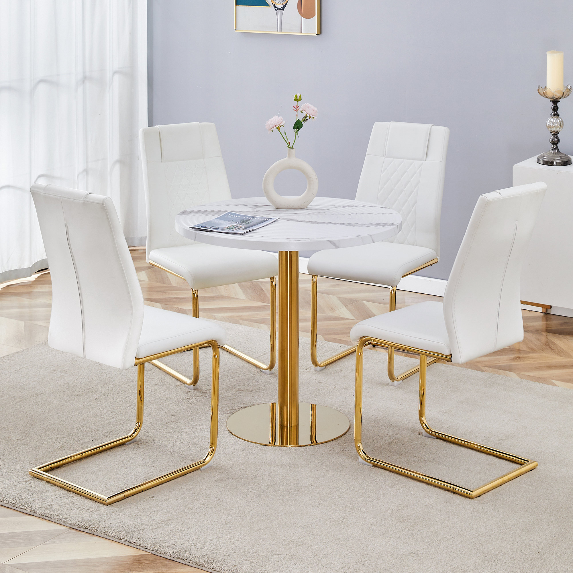 Mercer41 31.5 Inch Round Dining Table Set With White Marble - Pattern ...