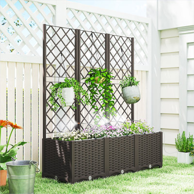 Lit de jardin surélevé brun chaud en PP avec treillis et minuterie d'arrosage automatique, 47,2 po x 15,7 po x 53,5 po