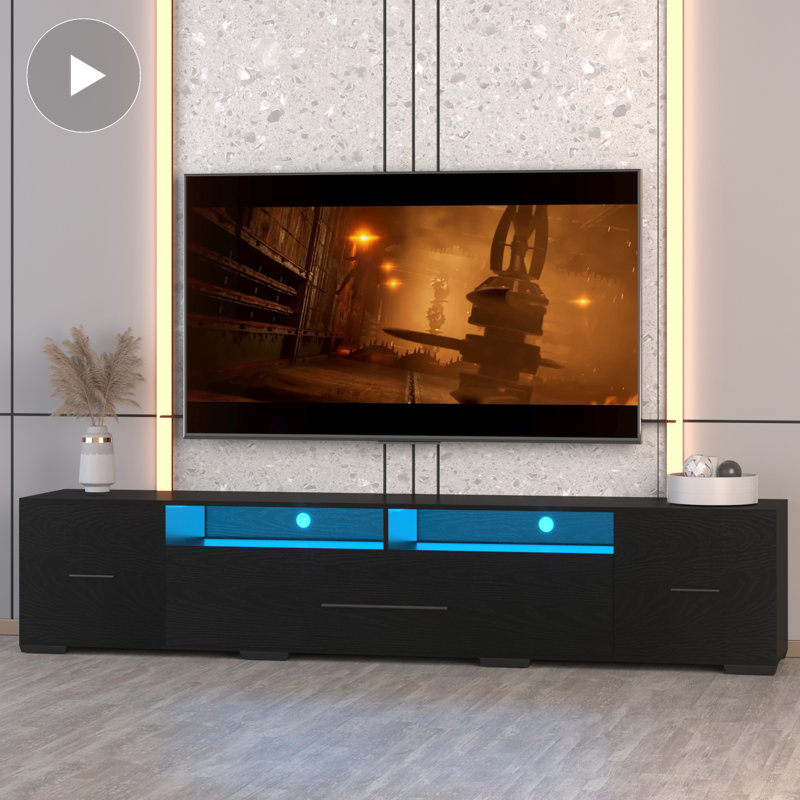 Meuble télé de 80 po avec rangement, console de divertissement noire et lumières télécommandées, 31 options de transformation, modes de changement central de style moderne, options en couleur