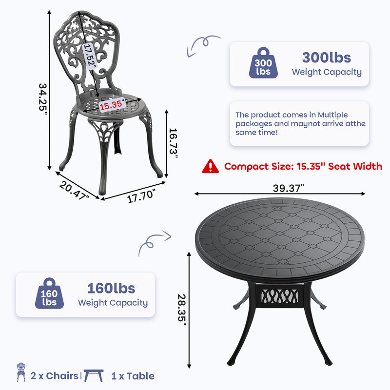 Ensemble de salle à manger bistro 3 pièces en fonte d'aluminium, table ronde de 100 cm et 2 chaises avec une largeur d'assise de 39 cm