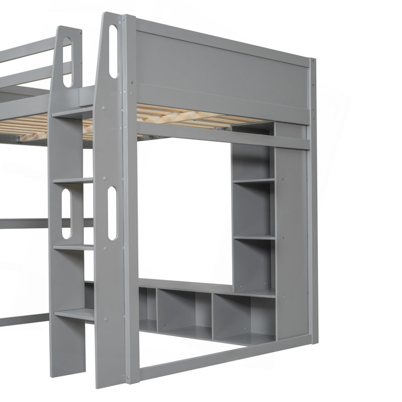 Lit mezzanine double en bois avec bureau, étagères à rangement multiples, DEL et support à vêtements suspendu, gris (ancien SKU: N7090001042E)