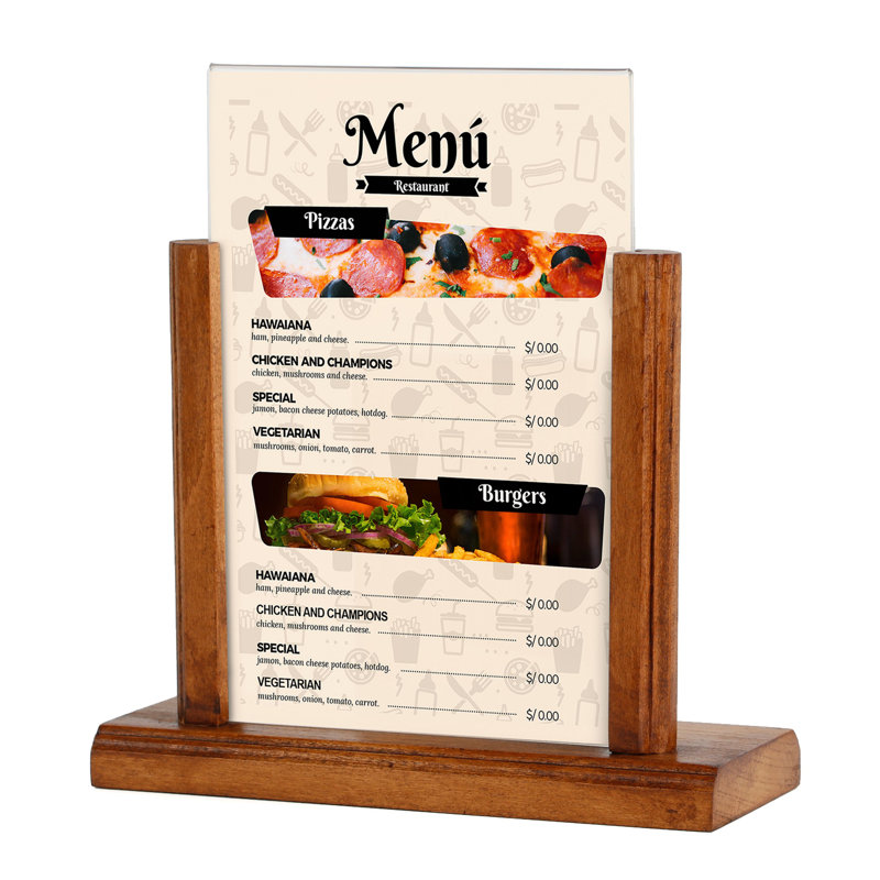 Affiche le porte-menu de bureau Classic, 5,5 po x 8,5 po, Bois foncé