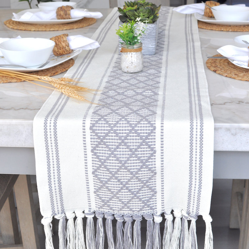 Gray and Off-White Cotton Boho Table Runner with Tassels