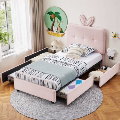 Lit pour enfant tapissier AVELOR avec tête de lit surdimensionnée pour oreilles de lapin, lumières DEL, synchro de musique et 4 tiroirs de rangement, tissu Boucle