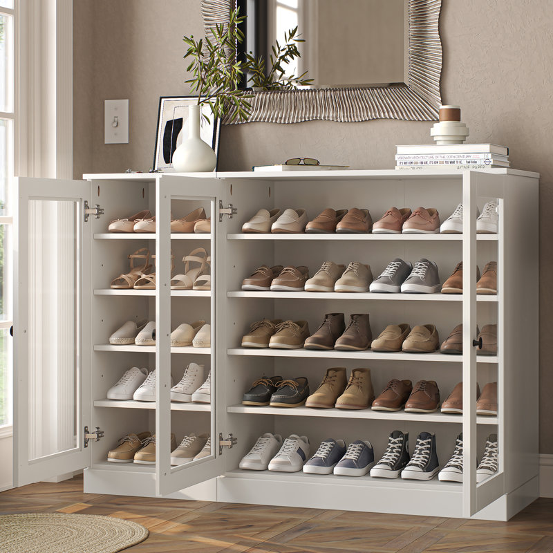 Armoire de rangement à chaussures 100% en bois massif avec porte en verre, tablettes réglables, rangement modulaire pour vestibule, l 48,5 po x H 35,75 po
