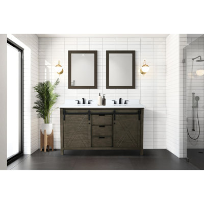 60 po Grand meuble-lavabo double brun rustique avec plateau en marbre, construction en bois massif, fonction de fermeture en douceur, compartiments de rangement abondants, surface résistante aux égratignures, 8 robinets