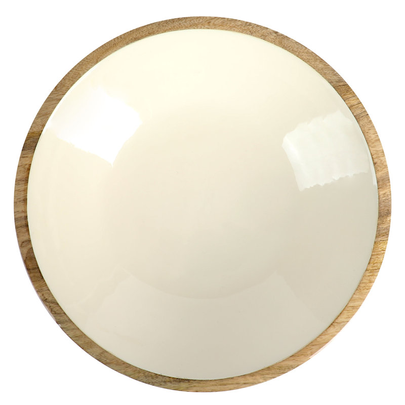 Laurie Gates 12 Inch Enameled Mango Wood Serving Bowl and Serving Utensils in White and Brown