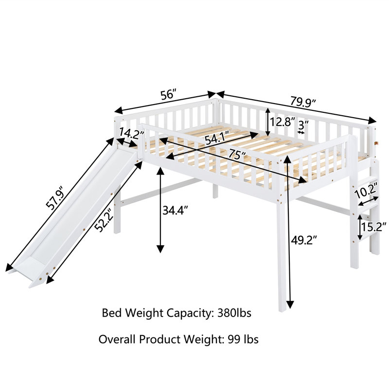 Low Loft Bed With Slide, White, Full