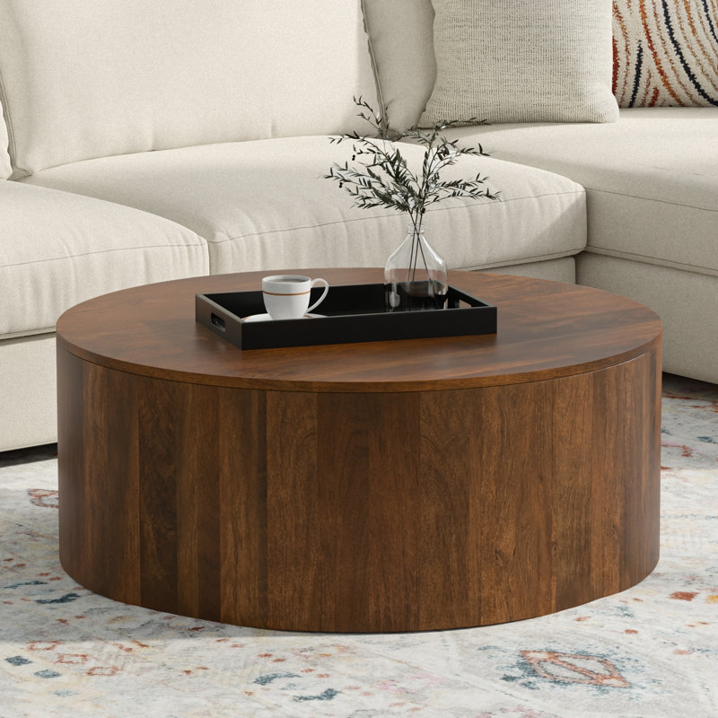 Millbury 36"W Solid Mango Wood Contemporary Round Drum Coffee Table, Fully Assembled, Walnut Brown