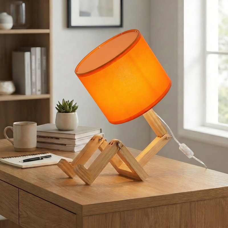Man-shaped Adjustable Wooden Table Lamp With Fabric Shade And Book Rack – Modern Novelty Night Light, Light Orange
