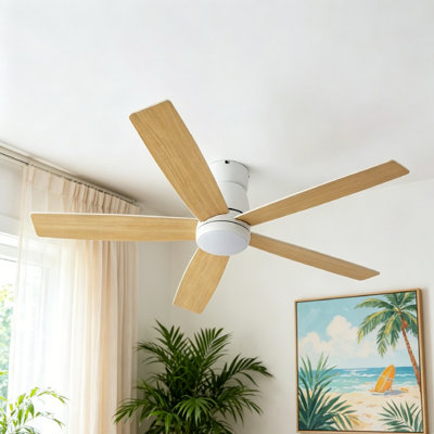 52 Inch Flush Mount Ceiling Fan with Dimmable LED Light - 3-Color Adjustable - Quiet Reversible DC Motor - 6-Speed Remote Control - Energy Efficient Modern Low Profile for Bedroom, Living Room