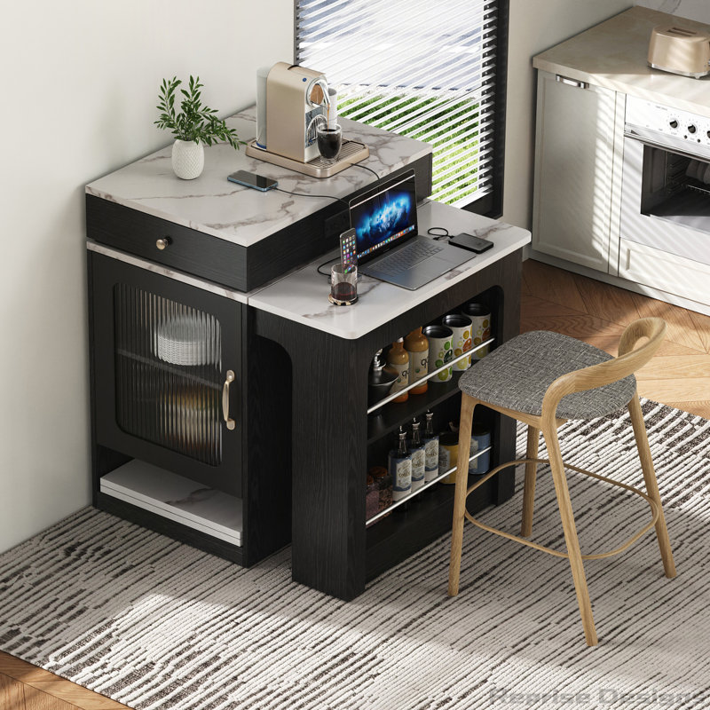 59.5" Kitchen Island With Extendable Dining Table, Double-Sided Storage, Power Outlet, Black