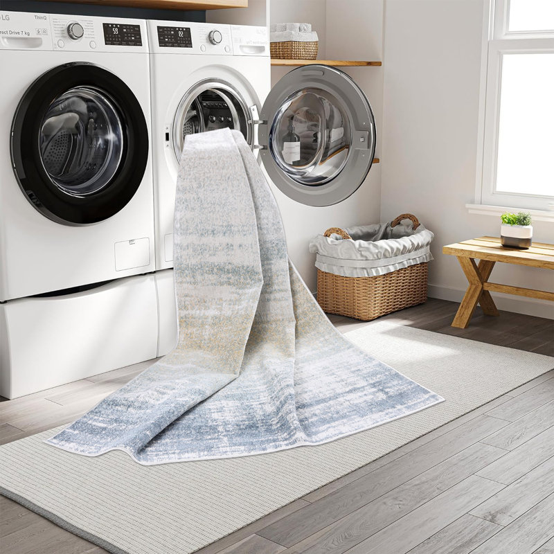 Machine Washable Nash Ivory/Blue Rug, Rectangle 5' x 8'