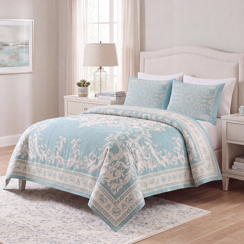 Rio Lightweight Cotton Blend Woven Jacquard Traditional Medallion Bedspread/Coverlet Set, Aqua, Queen + 2 Shams