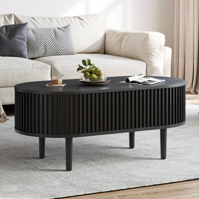 43.4'' Oval Coffee Table With Hidden Storage, Fluted Accent Center Table With Tambour Sliding Doors