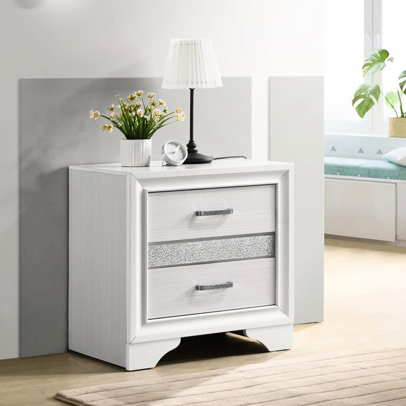 Table de chevet chambre 2, blanc - poignées en strass scintillantes, rayures scintillantes chics
