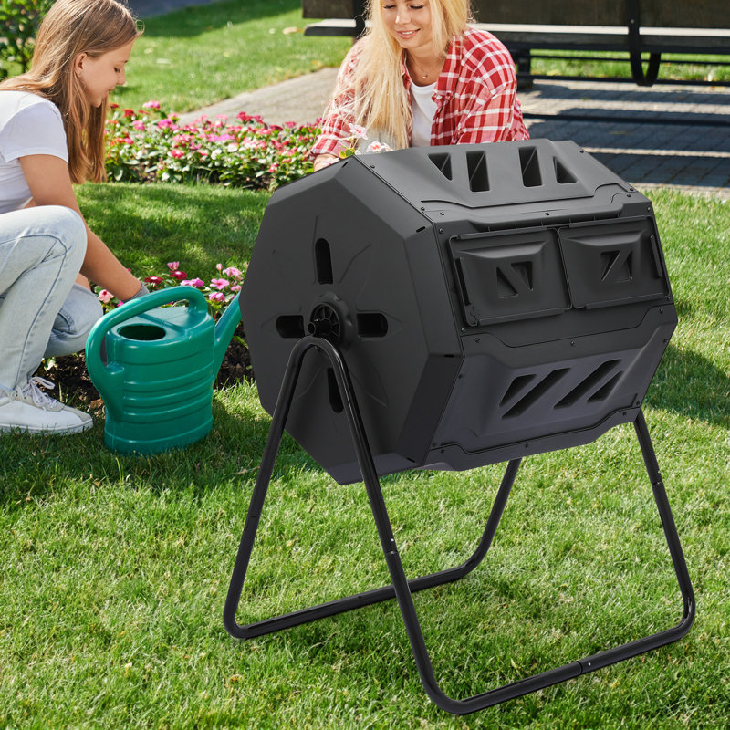 43 Gallon Black Dual Chamber Rotating Compost Tumbler with Gloves