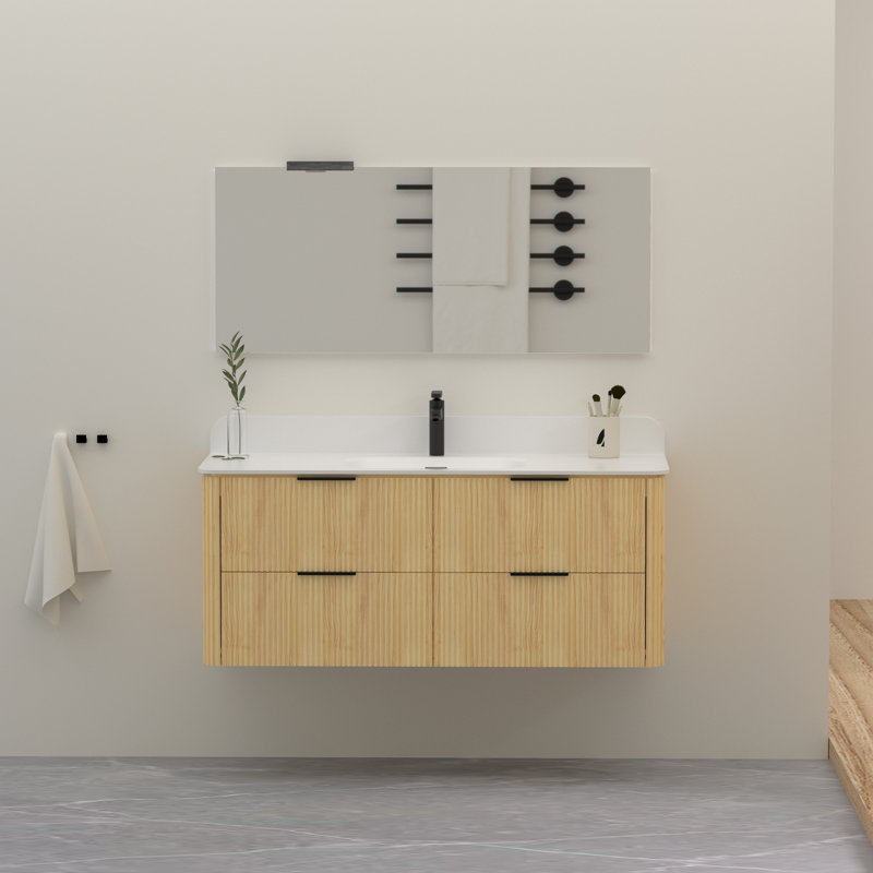 Meuble-lavabo mural 48 po en bois massif avec lavabo et dosseret en acrylique simple, Chêne naturel / noir mat