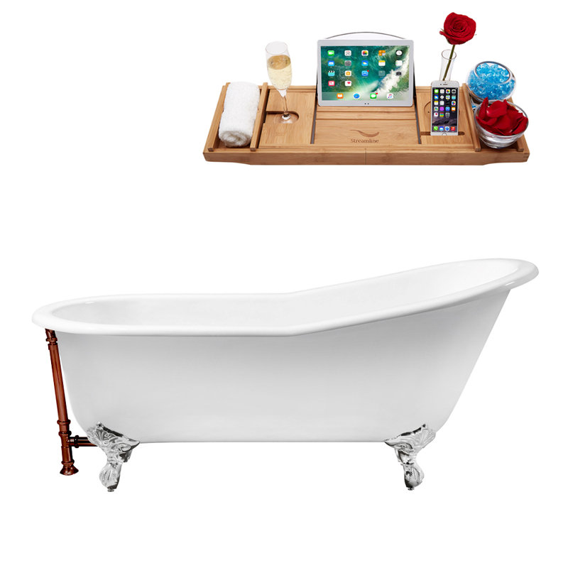 Baignoire de trempage sur pattes 67 "avec drain, pattes et plateau en bambou 67" Streamline, Chrome poli, Bronze huilé mat
