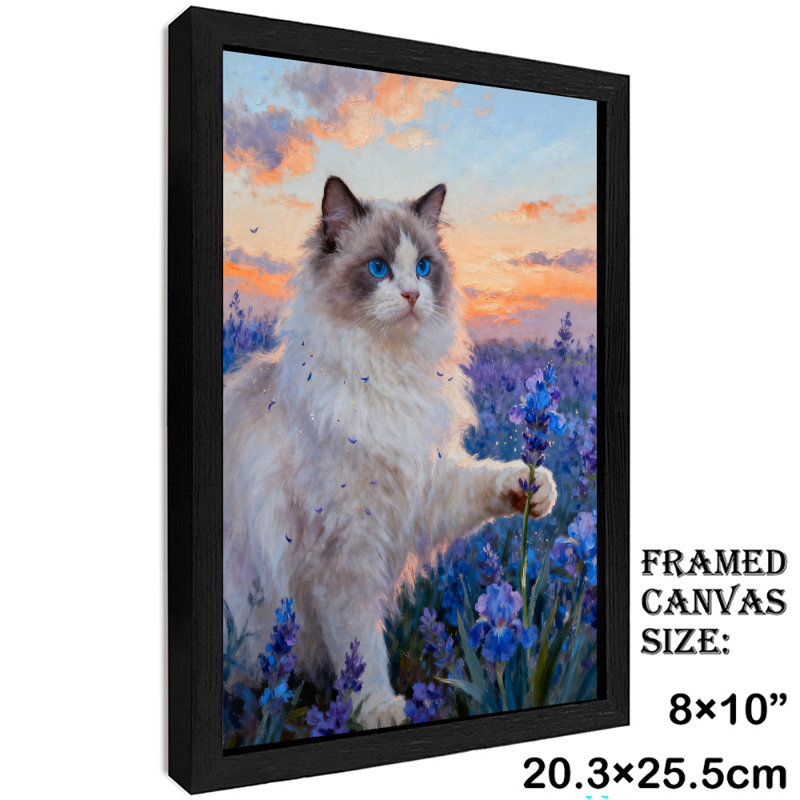 Art mural rétro noir marionnette avec chat et champ d'iris, impressions de style rétro, H 11 po x l 9 po