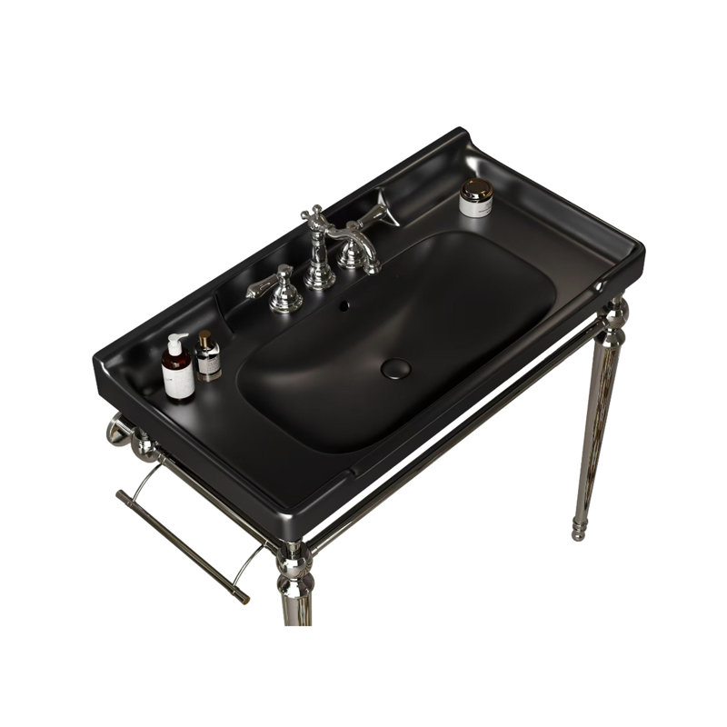 Lavabo de salle de bain en céramique de 36 po en noir, 3 trous pré-percés, avec surface chauffante et lisse, facile à frotter, lavabo noir au design charmant, et surface pour le nettoyage, la fascination