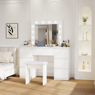 White Vanity Dresser With 3-Color Lighting And Mirror, Spacious Cosmetics Storage For Bedroom Mirror - Generous Personal Belongings, Structure, Modern Style