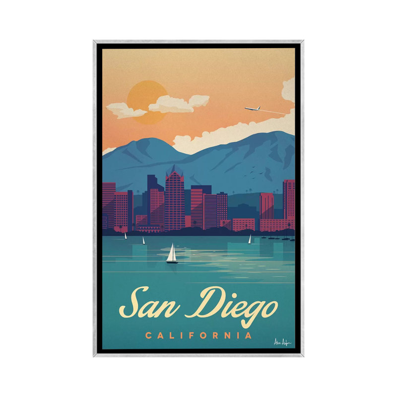 San Diego - impression d'art graphique, H 26 po x l 18 po x 1,5 po, Toile avec cadre argenté, Pas de tapis
