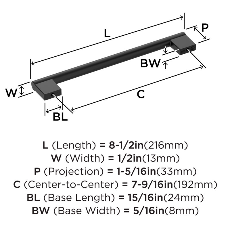 Versa 7-9/16 inch (192mm) Center-to-Center Matte Black Cabinet Bar Pull, 7 9/16", Matte Black, 1