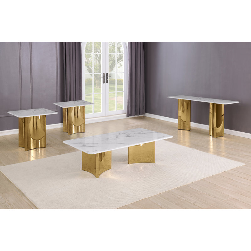 4 Piece White Marble Coffee Table Set, 4 Pieces: Coffee Table,Console Table,2 End Tables