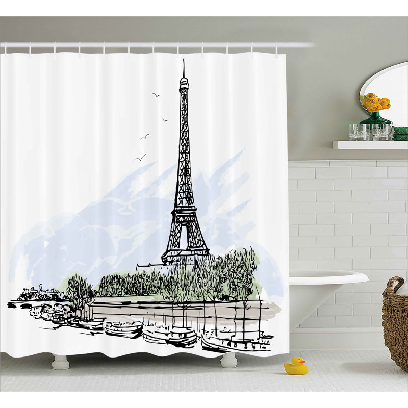 Brinley Paris Architecture Theme Illustration of Eiffel Tower Birds and Trees Pattern Single Shower Curtain, 75" H x 69" W