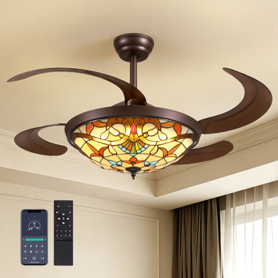 48 in Coffee-Colored Tiffany Baroque Invisible Ceiling LED Fan Light with Timer, Dimming and Reversible