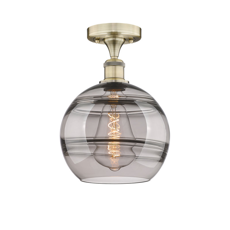 Edison - Adrieanna - 1 Light Semi-Flush Mount, 11.75" H x 10" W x 10" D, Light Smoke, Antique Brass