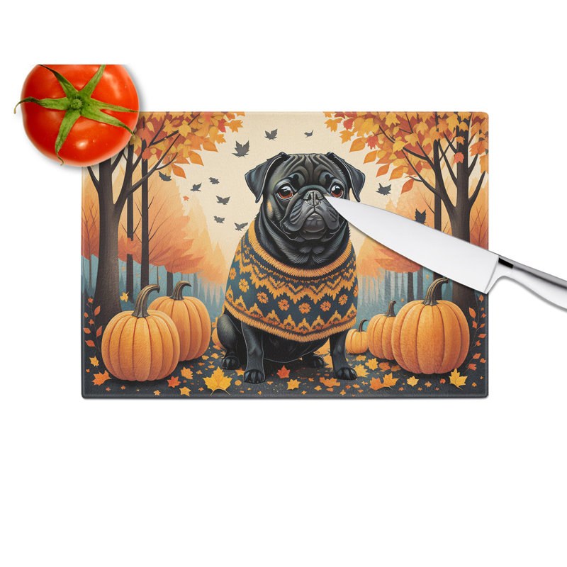 Black Pug Fall Glass Cutting Board Large